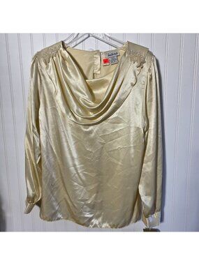 Vintage Gailord Embellished Cowl Neck Blouse 12 Ivory Draped Romantic Party Glam
